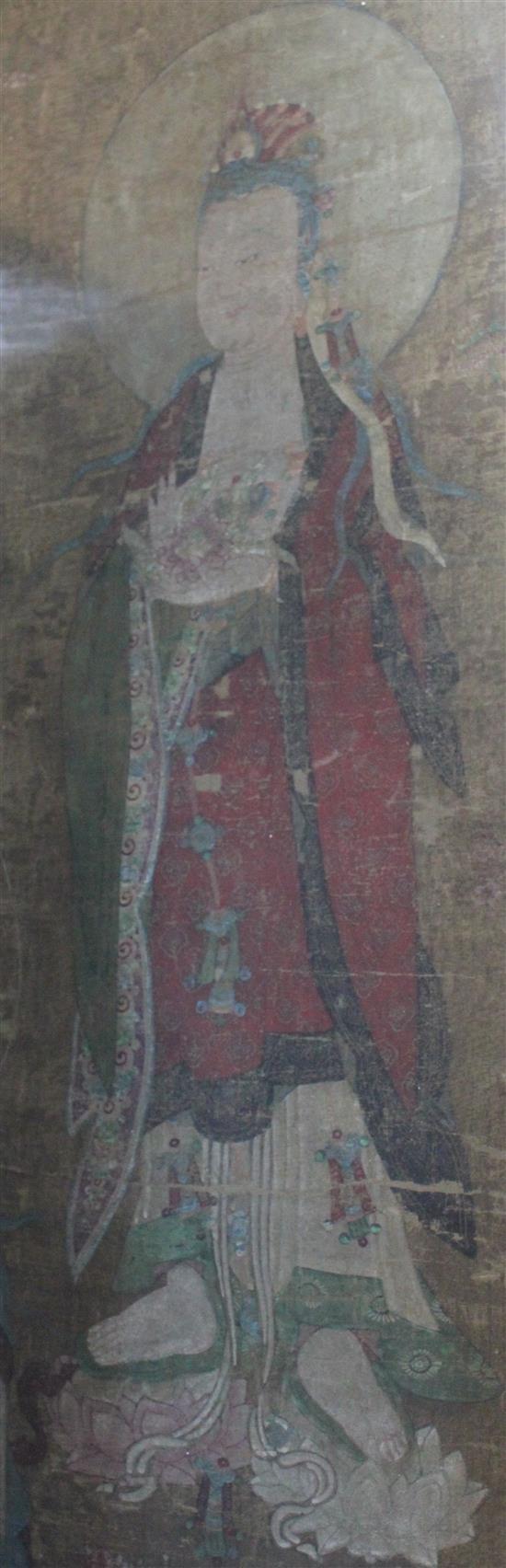 A Chinese ink and colour painting on silk of five Bodhisattvas, Tang / Five dynasties (851-950AD) or later, 145 x 75cm incl. borders